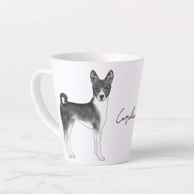 Cute Basenji Dog In Black And White & Custom Name Latte Mug (Left Angle)