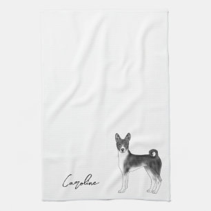 Cute Basenji Dog In Black And White & Custom Text Kitchen Towel