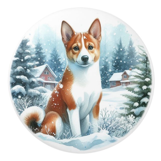 Cute Basenji Winter Watercolor Art Ceramic Knob (Front)
