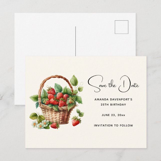 Cute Basket Full of Strawberries Save the Date Invitation Postcard (Front/Back)