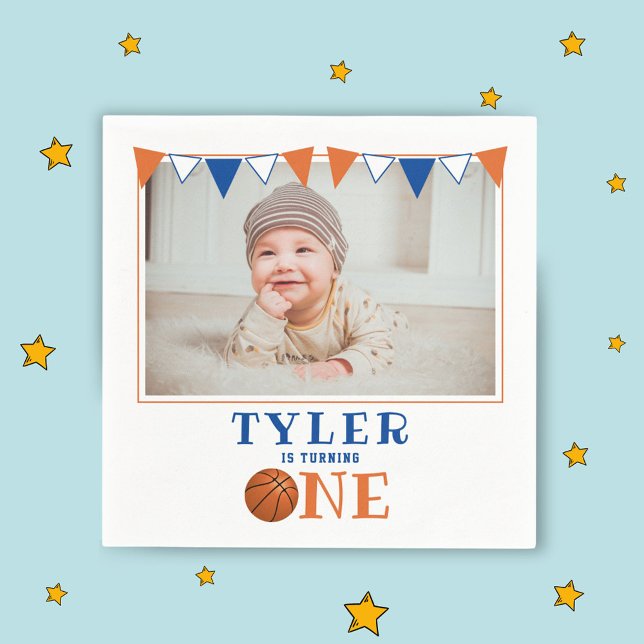 Cute Basketball 1st Birthday Photo Birthday Party Napkin (Creator Uploaded)
