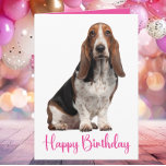 Cute Basset Hound Birthday Pink Dog Mom Card<br><div class="desc">This cute Basset Hound is ready to party with floppy ears, soulful eyes, and that classic “where’s the cake?” look. Perfect for dog moms, dog dads, pet lovers, and anyone who knows hounds bring the best kind of birthday humour. Whether you’re sending laughs, love, or a little canine mischief, this...</div>