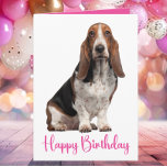 Cute Basset Hound Birthday Pink Dog Mom Card<br><div class="desc">This cute Basset Hound is ready to party with floppy ears, soulful eyes, and that classic “where’s the cake?” look. Perfect for dog moms, dog dads, pet lovers, and anyone who knows hounds bring the best kind of birthday humour. Whether you’re sending laughs, love, or a little canine mischief, this...</div>