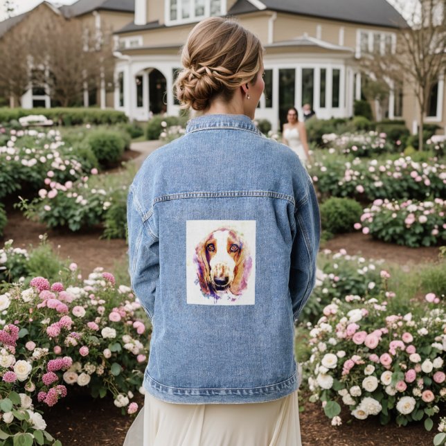 Cute Basset Hound Dog Face Head Denim Jacket (Wedding Back)