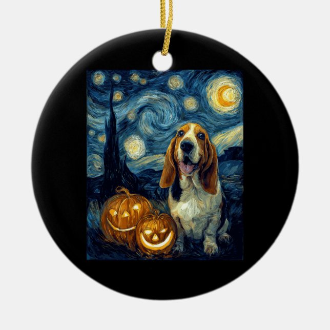 Cute Basset Hound Dog Halloween Jack O Lantern Pum Ceramic Ornament (Front)