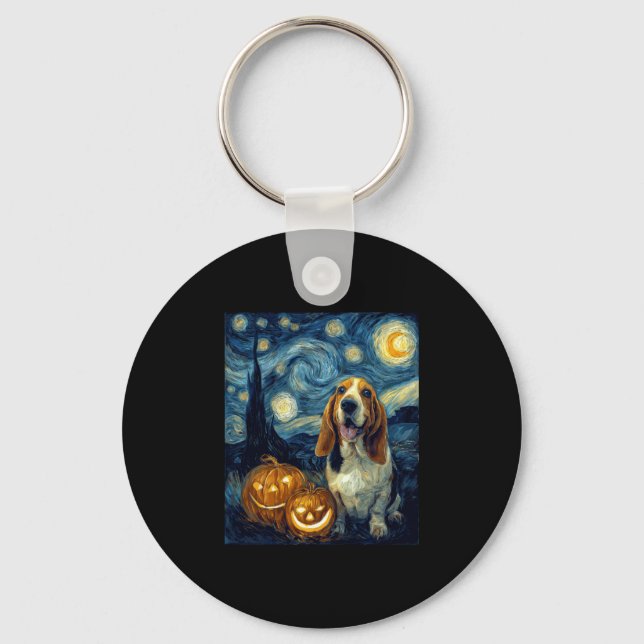 Cute Basset Hound Dog Halloween Jack O Lantern Pum Keychain (Front)