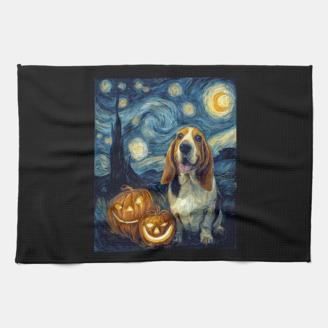 Cute Basset Hound Dog Halloween Jack O Lantern Pum Kitchen Towel (Horizontal)