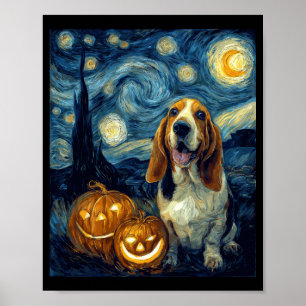 Cute Basset Hound Dog Halloween Jack O Lantern Pum Poster