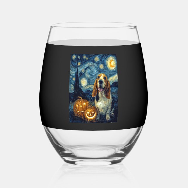 Cute Basset Hound Dog Halloween Jack O Lantern Pum Stemless Wine Glass (Front)