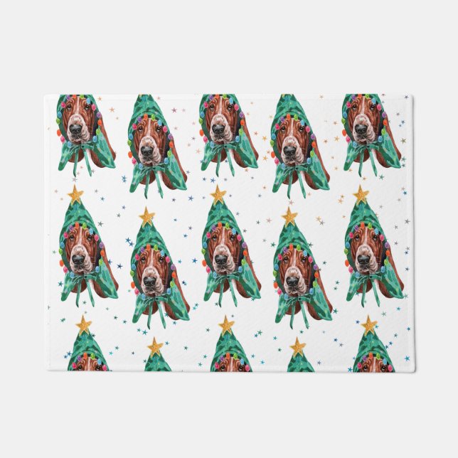 Cute Basset Hound Dog Pattern Christmas Doormat (Front)