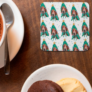 Cute Basset Hound Dog Pattern Christmas Square Paper Coaster