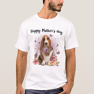 Cute Basset Hound Mom Flower Happy Mother's Day Lo T-Shirt