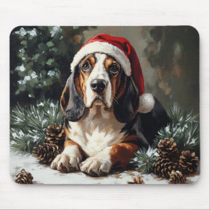 Cute Basset Hound Santa Hat Oil Painting Mouse Pad