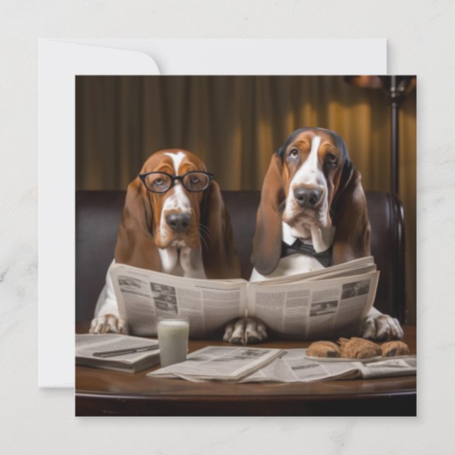Cute basset hounds reading newspaper invitation (Front)