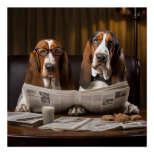 Cute basset hounds reading newspaper poster