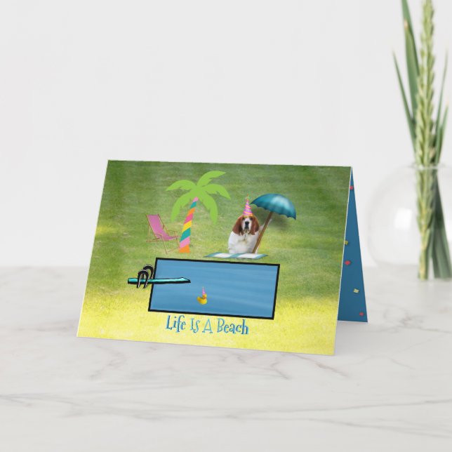 Cute Basset, Palm, & Pool On Funny Birthday Card (Front)