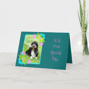 Cute Basset Puppy On Flowery Birthday Day Card