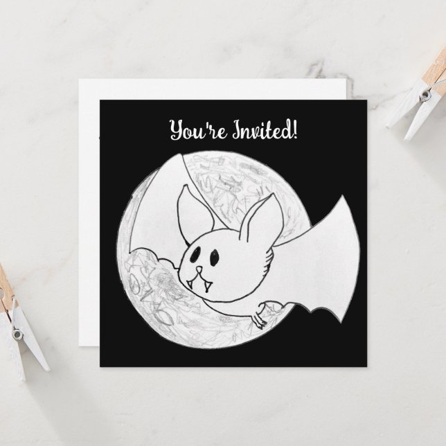 Cute Bat and Full Moon Halloween Invitation (Front/Back In Situ)