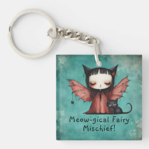 Cute Bat Fairy & Her Cat Halloween Keychain