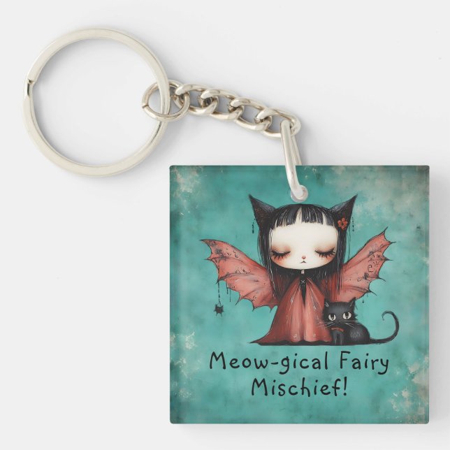 Cute Bat Fairy & Her Cat Halloween Keychain (Front)