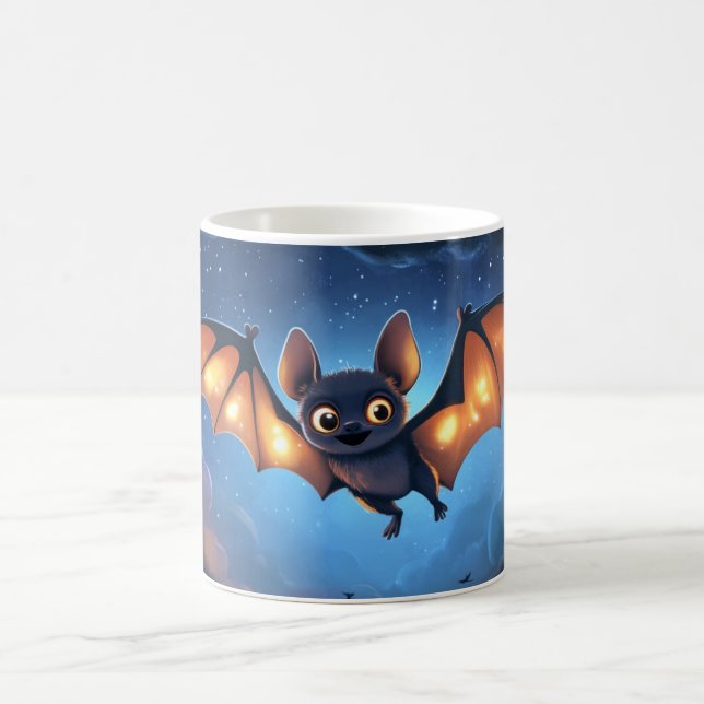 cute bat flying at night under a starry and cloudy coffee mug (Center)