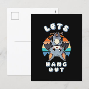 Cute Bat Hanging and Retro Sunset   Let's Hang Out Holiday Postcard