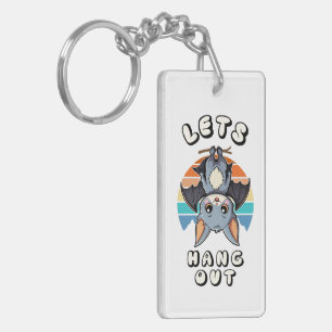 Cute Bat Hanging and Retro Sunset Let's Hang Out Keychain