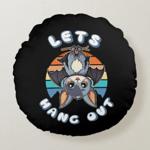 Cute Bat Hanging and Retro Sunset   Let's Hang Out Round Pillow