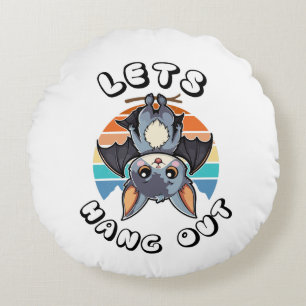 Cute Bat Hanging and Retro Sunset   Let's Hang Out Round Pillow