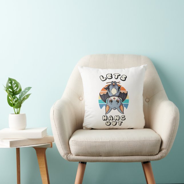 Cute Bat Hanging and Retro Sunset | Let's Hang Out Throw Pillow (Chair)