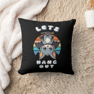 Cute Bat Hanging and Retro Sunset Let's Hang Out Throw Pillow