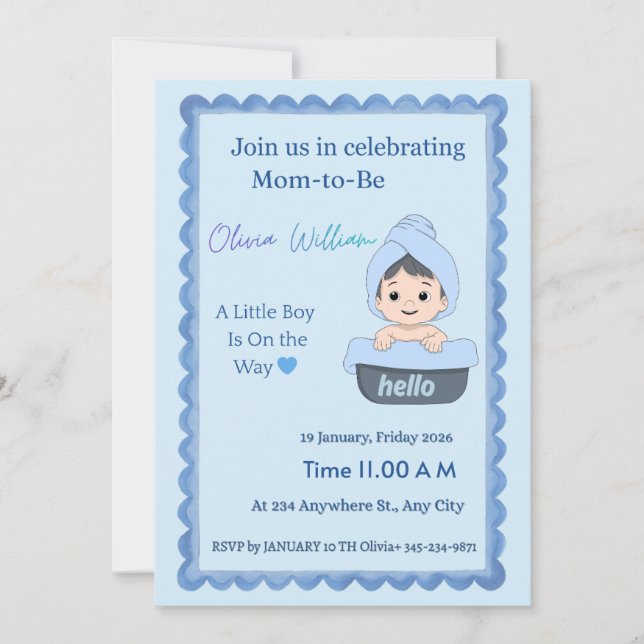Cute Bath Time Baby Boy Shower Invitation | Bubble (Front)