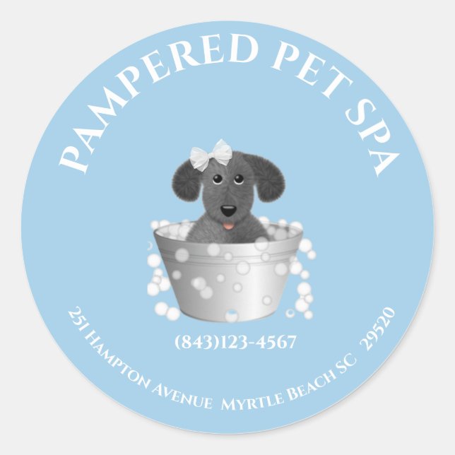 Cute Bathtub Pet Groomer Address Classic Round Sticker (Front)