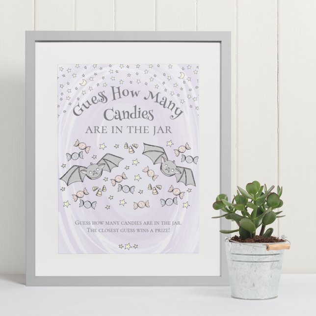 Cute Bats Guess How Many Candies Baby Shower Game Poster (Cute & Whimsical Fall Baby Shower Game Poster. Frame Not Included. Hand-Drawn Baby Bats Drawing.)