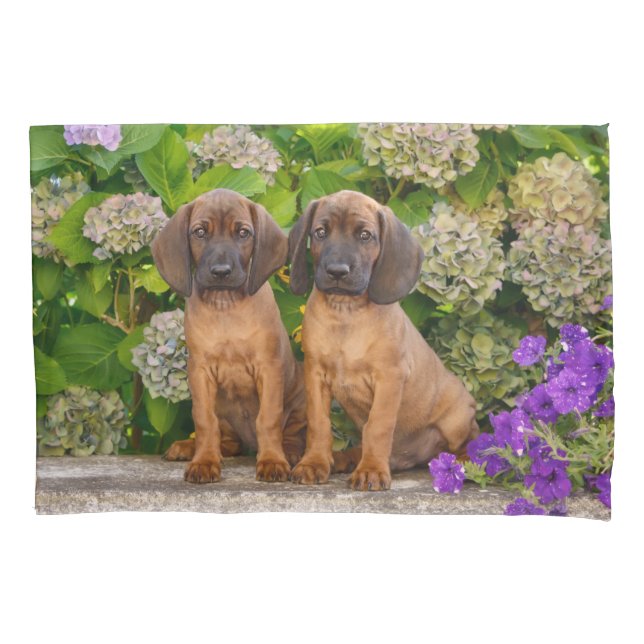 Cute Bavarian Mountain Hound Puppies with Flowers Pillowcase (Front)