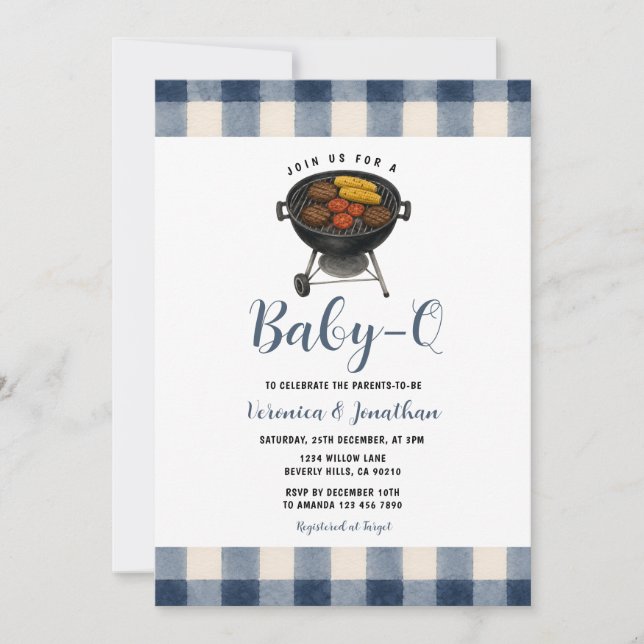 Cute BBQ Baby Shower Backyard Grill Blue Gingham Invitation (Front)
