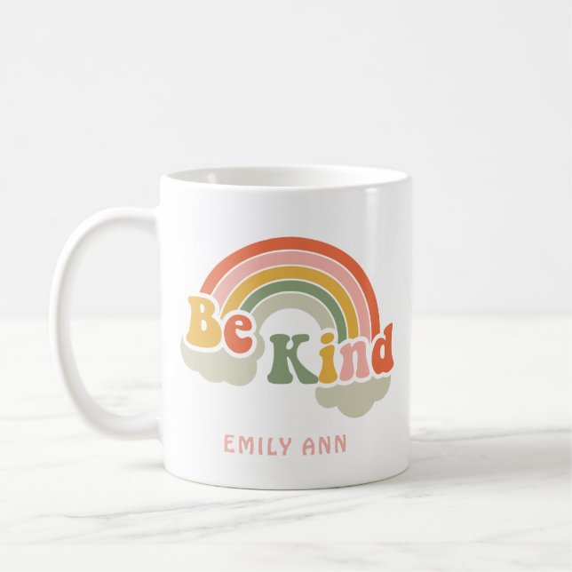 Cute Be Kind Rainbow Custom Name Coffee Mug (Left)