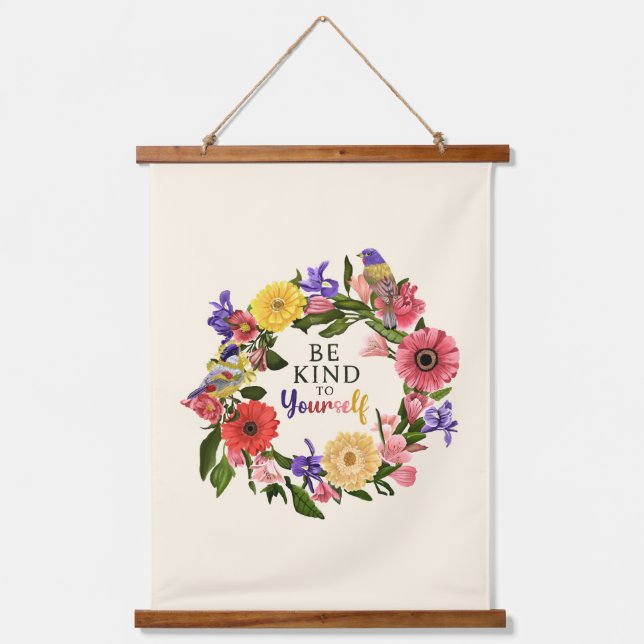 Cute Be Kind to Yourself Self Love Floral Quote Hanging Tapestry (Front)
