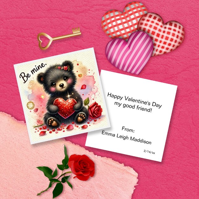 Cute Be Mine Girly Bear Cub Classroom Valentine Card (Creator Uploaded)