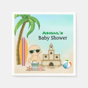 Cute Beach Baby Sandcastle n Surfboard Baby Shower Napkin