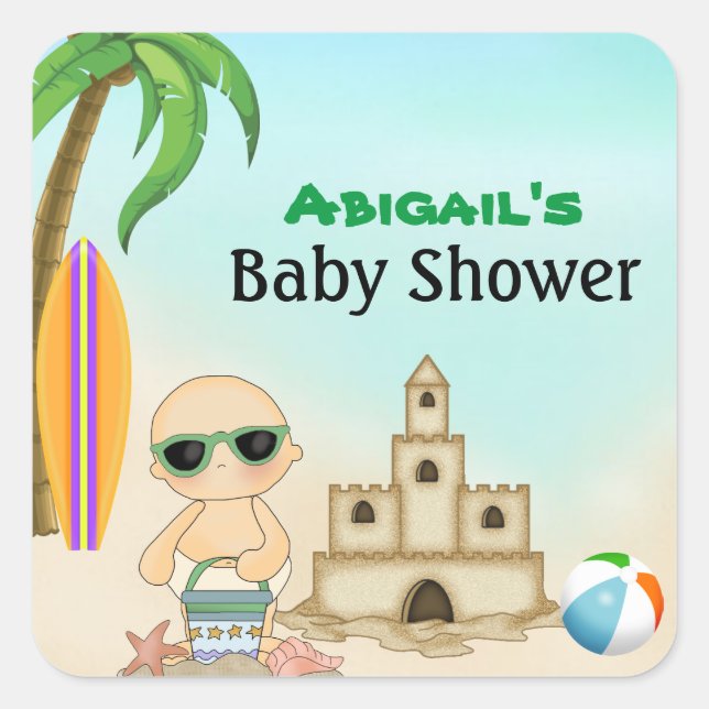 Cute Beach Baby Sandcastle n Surfboard Baby Shower Square Sticker (Front)