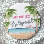 Cute Beach Bachelorette Party Bridesmaid 2 Inch Round Button<br><div class="desc">Cute Beach Bachelorette Party Weekend Bridesmaid button. A cool watercolor beach theme with shades of pink and teal, setting the vibe for a beach escape with the bride and her besties. From trips to Florida, California, or even something more international like Mexico, Hawaii or The Bahamas, this girls weekend is...</div>