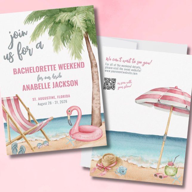 Cute Beach Bachelorette Weekend Invitation (QR Destination Girls Weekend Beach Bachelorette Invitation)