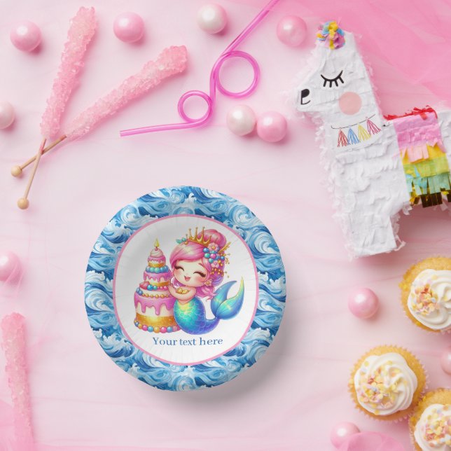 Cute Beach Birthday mermaid customizable Paper Plate (Party)