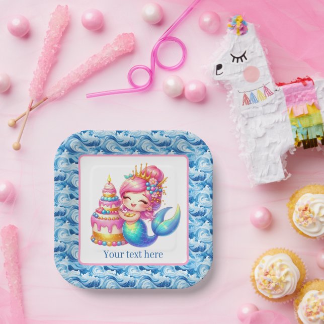 Cute Beach Birthday mermaid customizable  Paper Plate (Party)