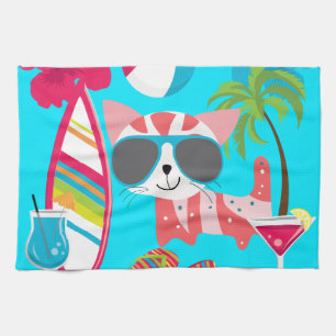 Cute Beach Bum Kitty Cat Sunglasses Beach Ball Kitchen Towel