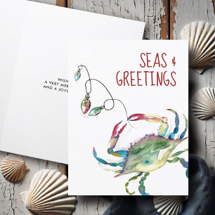 Cute Beach Christmas Cards Watercolor Crab