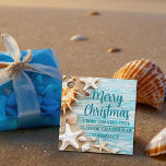 Cute Beach Company Christmas Seashell Custom Party Favour Tags<br><div class="desc">A cute custom beach business holiday party favor tags for a tropical island company. Customize this pretty teal blue wood and seashell photography Christmas gift tags with your seaside corporation name or other coastal professional text.</div>