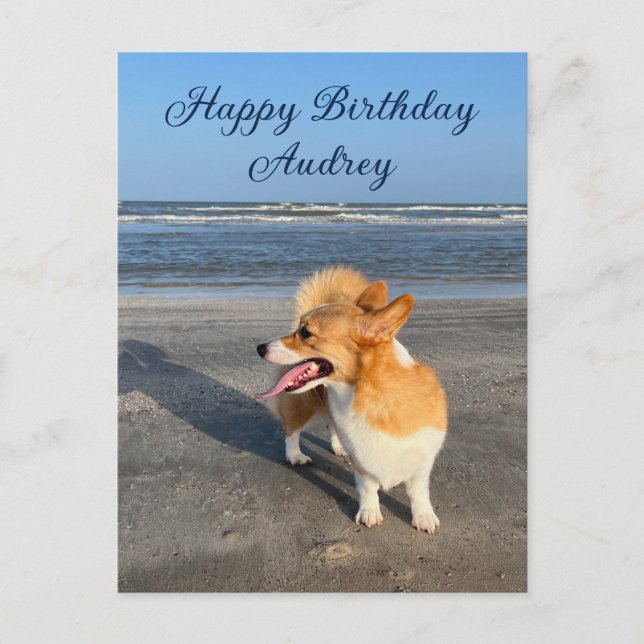 Cute Beach Corgi Personalized Happy Birthday Postcard (Front)