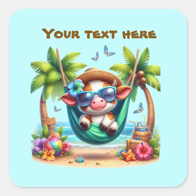 Cute beach cow customizable  square sticker (Front)